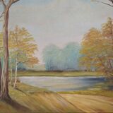 Painting „Two Birch by the Pond”, Scandinavian design, 1970s