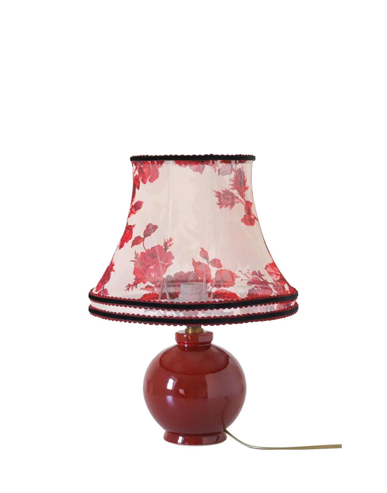 Recycled vintage lamp — burgundy ceramic base, floral voile shade