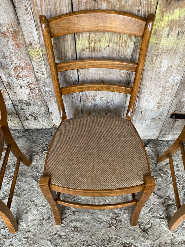 Série 3 Chaises Anciennes BAUMANN Bois + Assise Galette Tissu Vintage