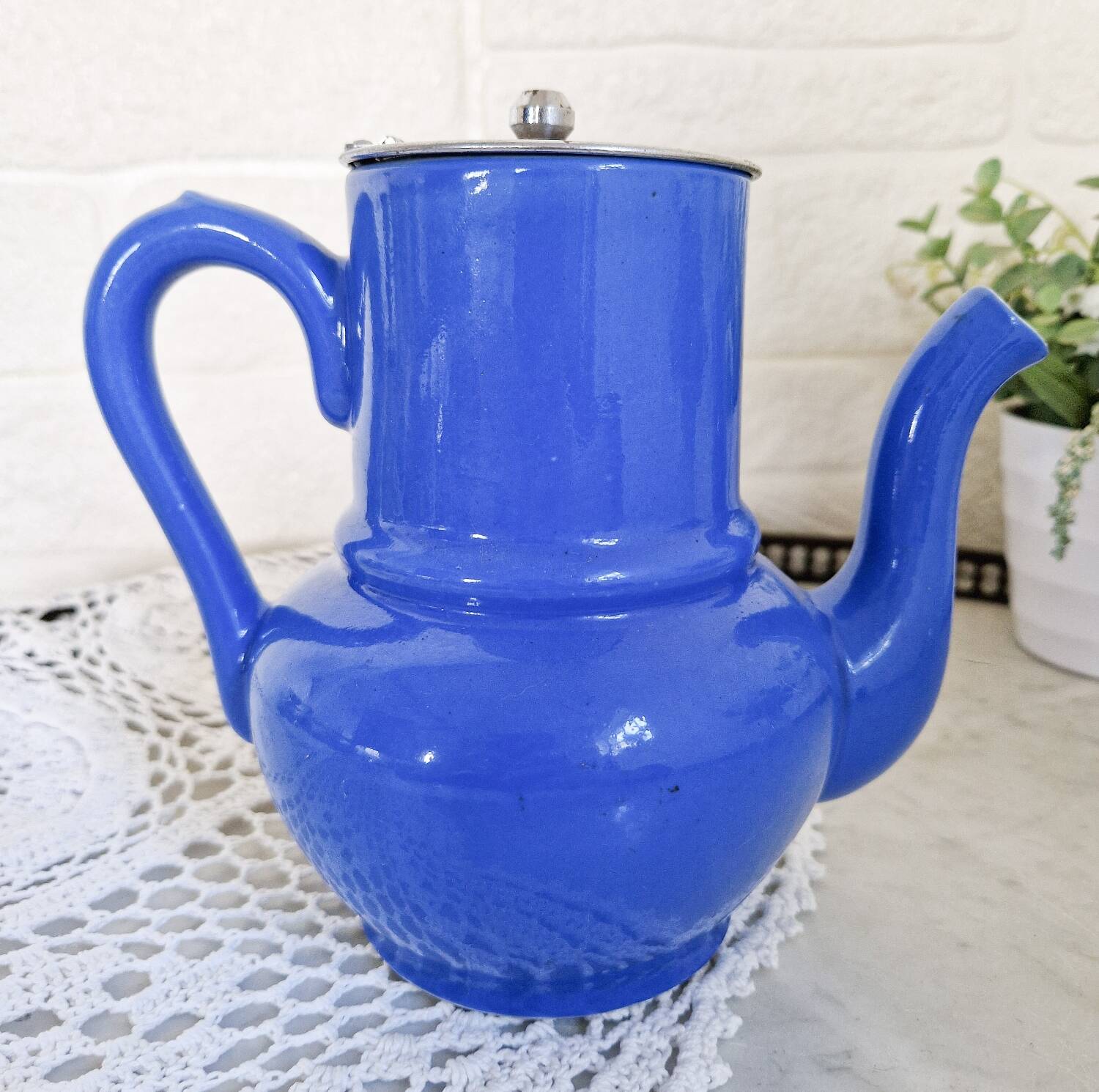 Small vintage cobalt blue ceramic teapot
