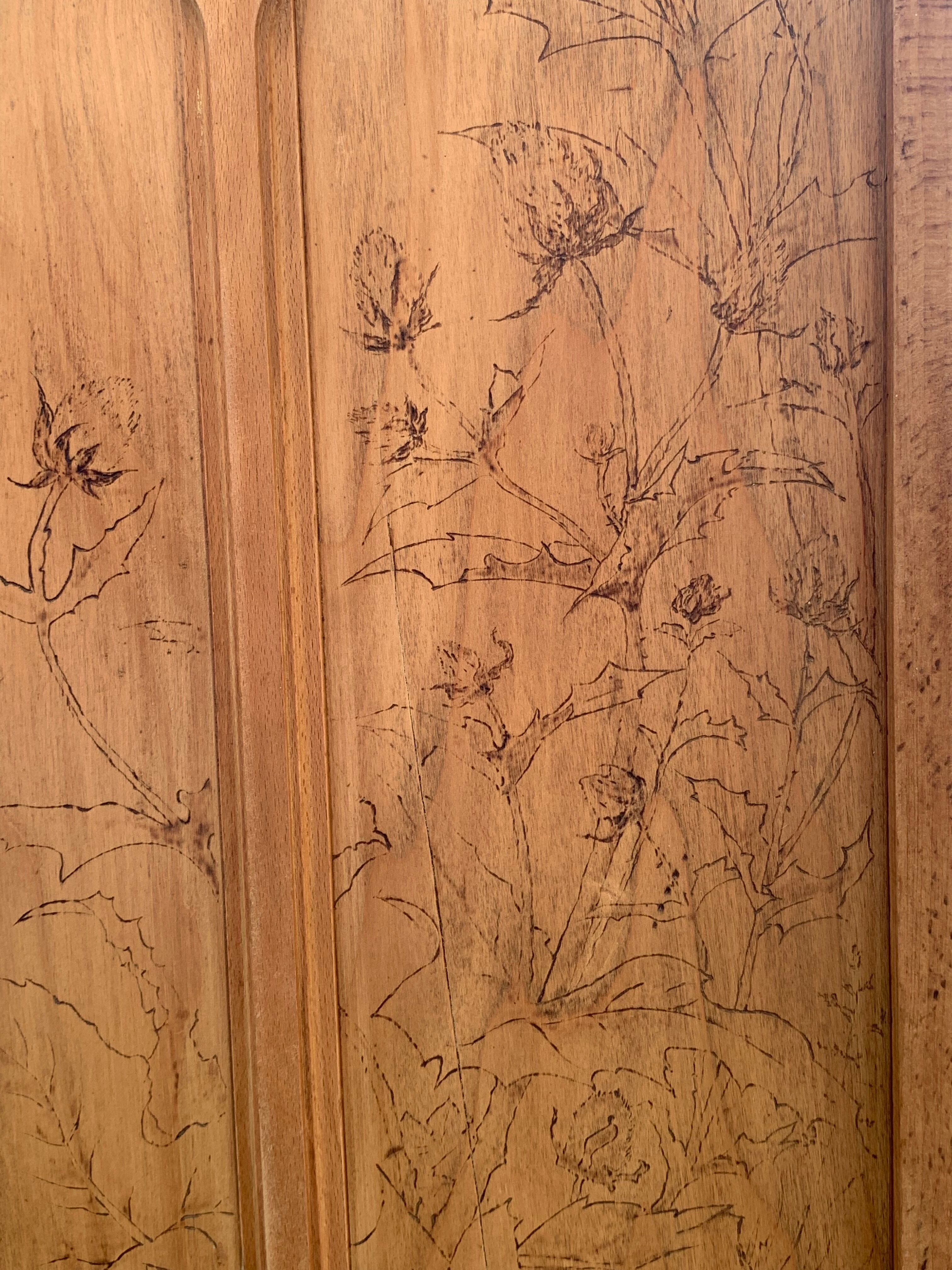 Parisian cabinet glazed raw wood nymphs and carved art nouveau decorations