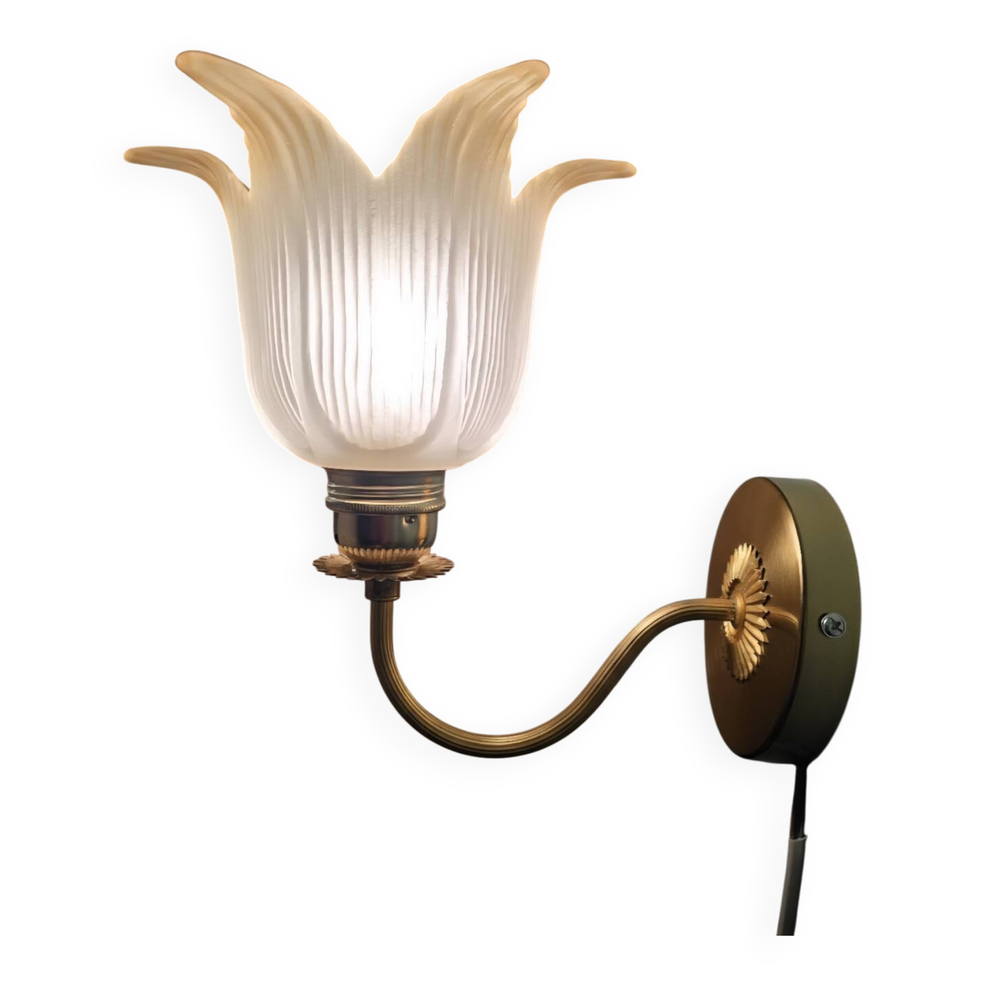 Frosted glass wall sconces and gilded brass in Art Deco style.