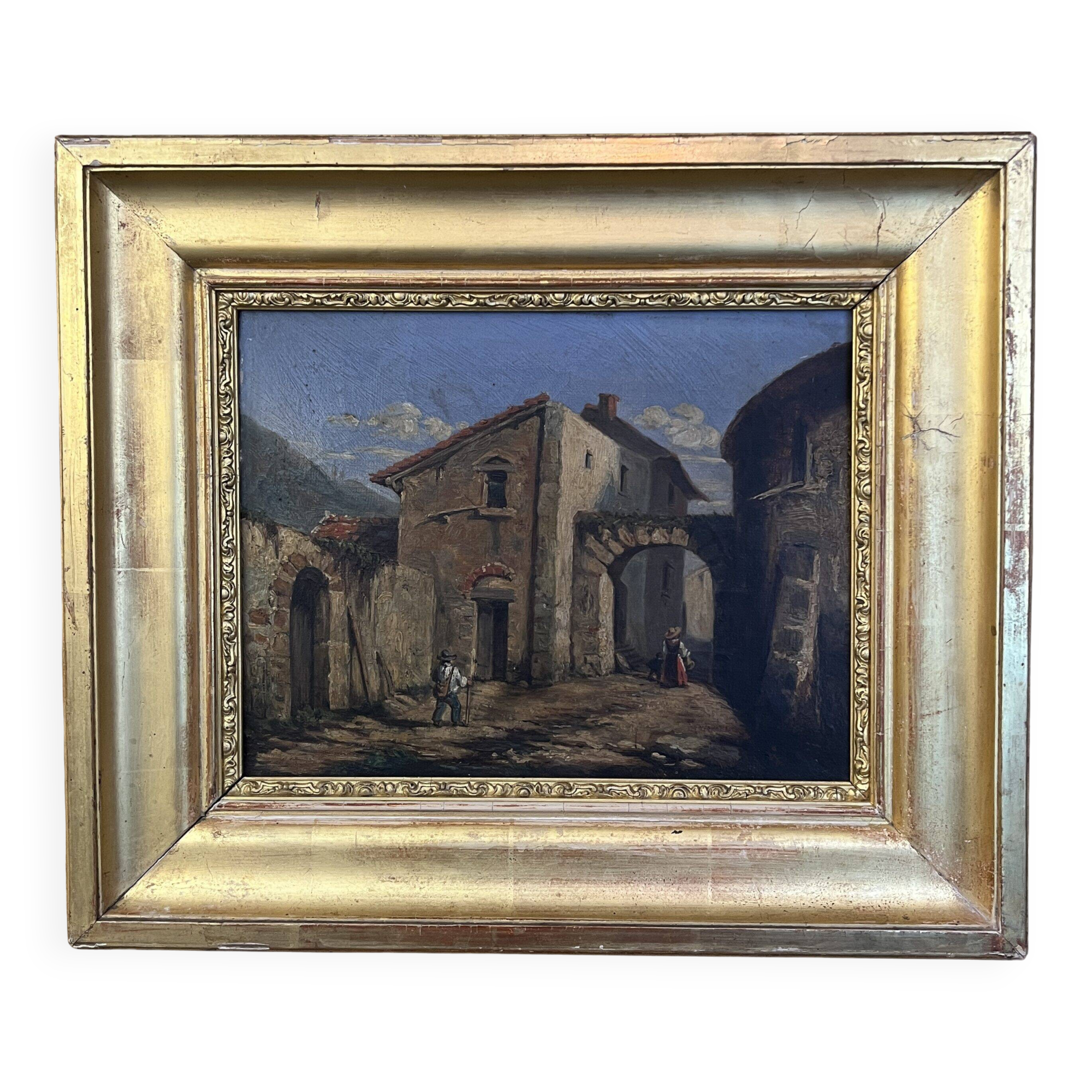 19th century painting, oil on canvas, interior decor of a lively village