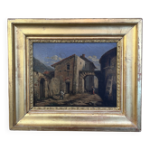 Tableau du XIXe siècle, huile sur toile, décor d’intérieur d’un village animés