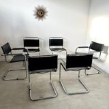 Set of 6 design chairs Matteo Grassi tubular metal and black leather year 70/80 Bauhaus style