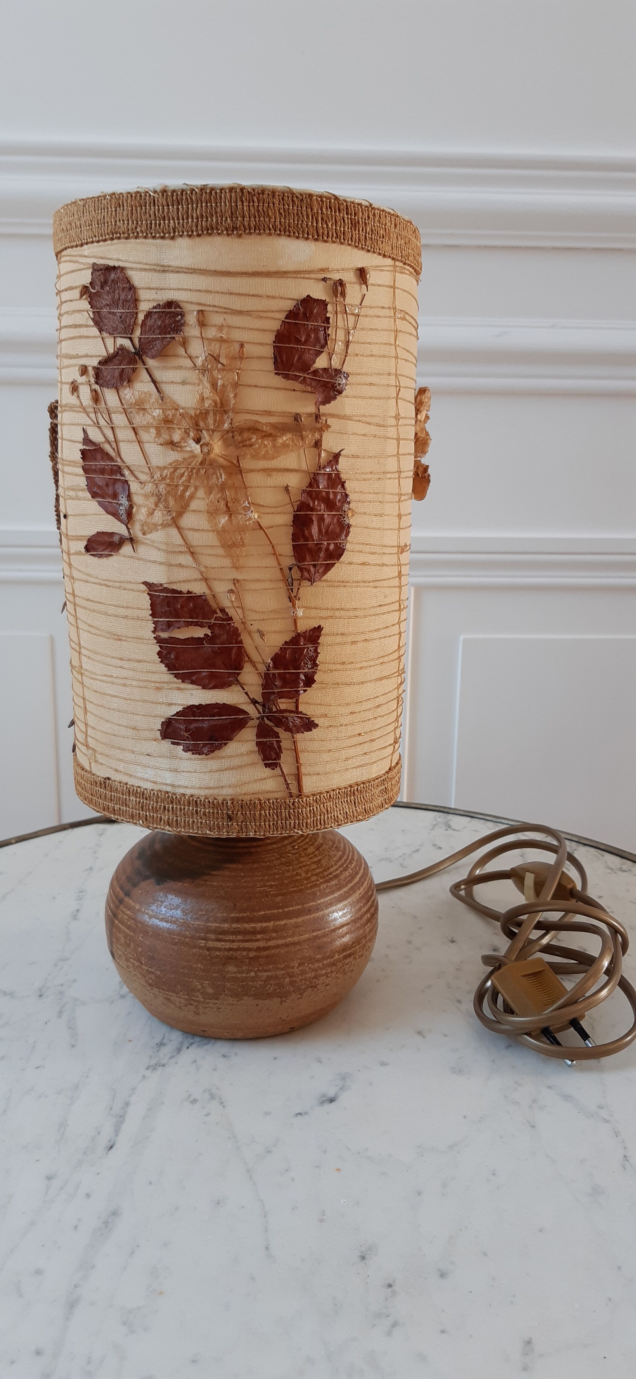 Sandstone lamp and lampshade in dried flowers 70s