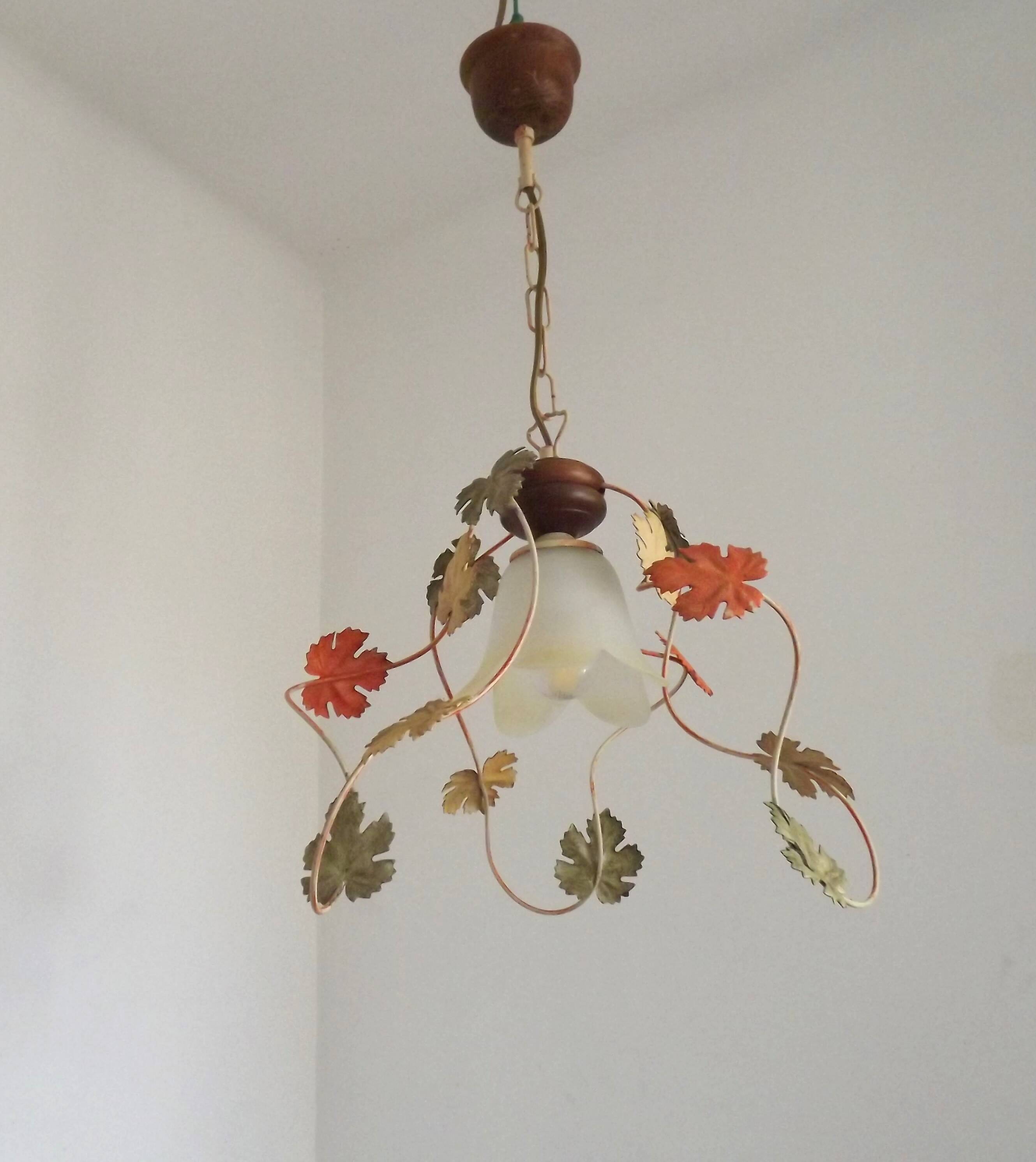 French Vintage Leaf Metal and Wood Hanging Light Textured Glass Shade