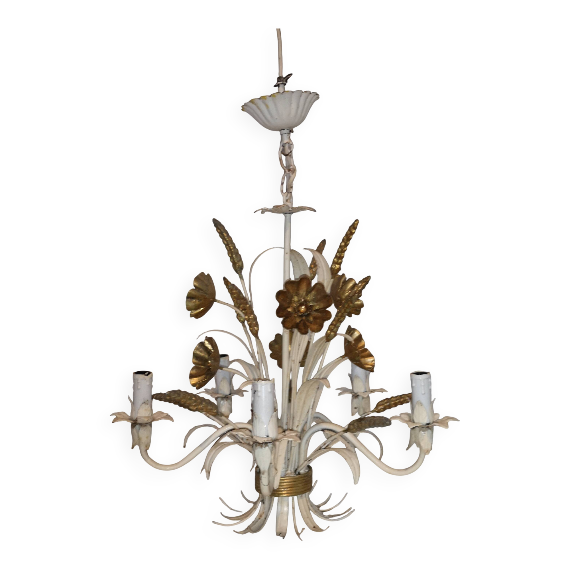 Vintage wheat ear chandelier - white lacquered & gold (Hans Kögl style)