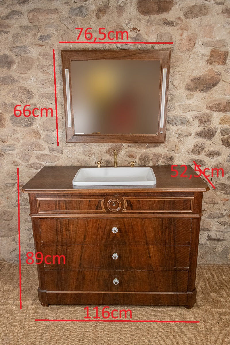 Meuble vasque Louis-Philippe en noyer & miroir LED assorti