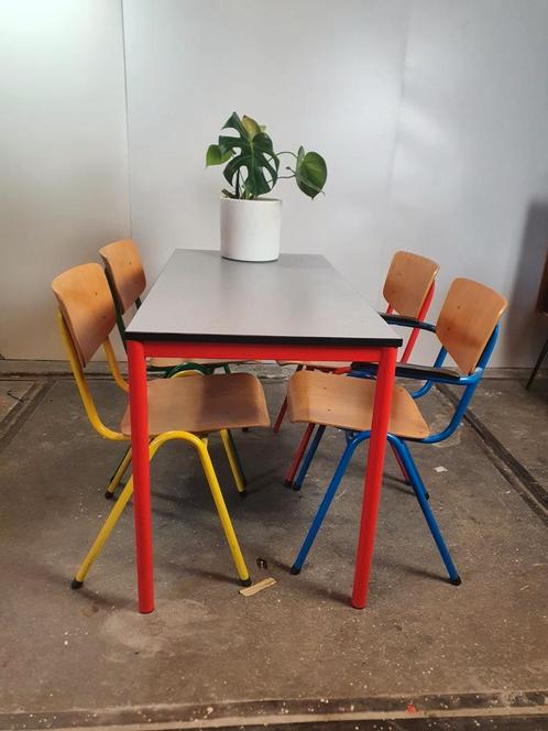 Multicolored dining table and chairs 80s
