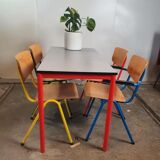 Multicolored dining table and chairs 80s