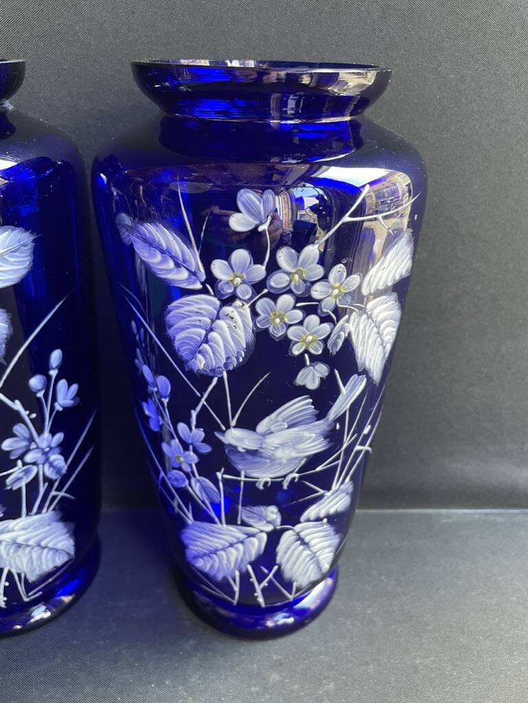 Pair of numbered white enamelled cobalt blue blown glass vases