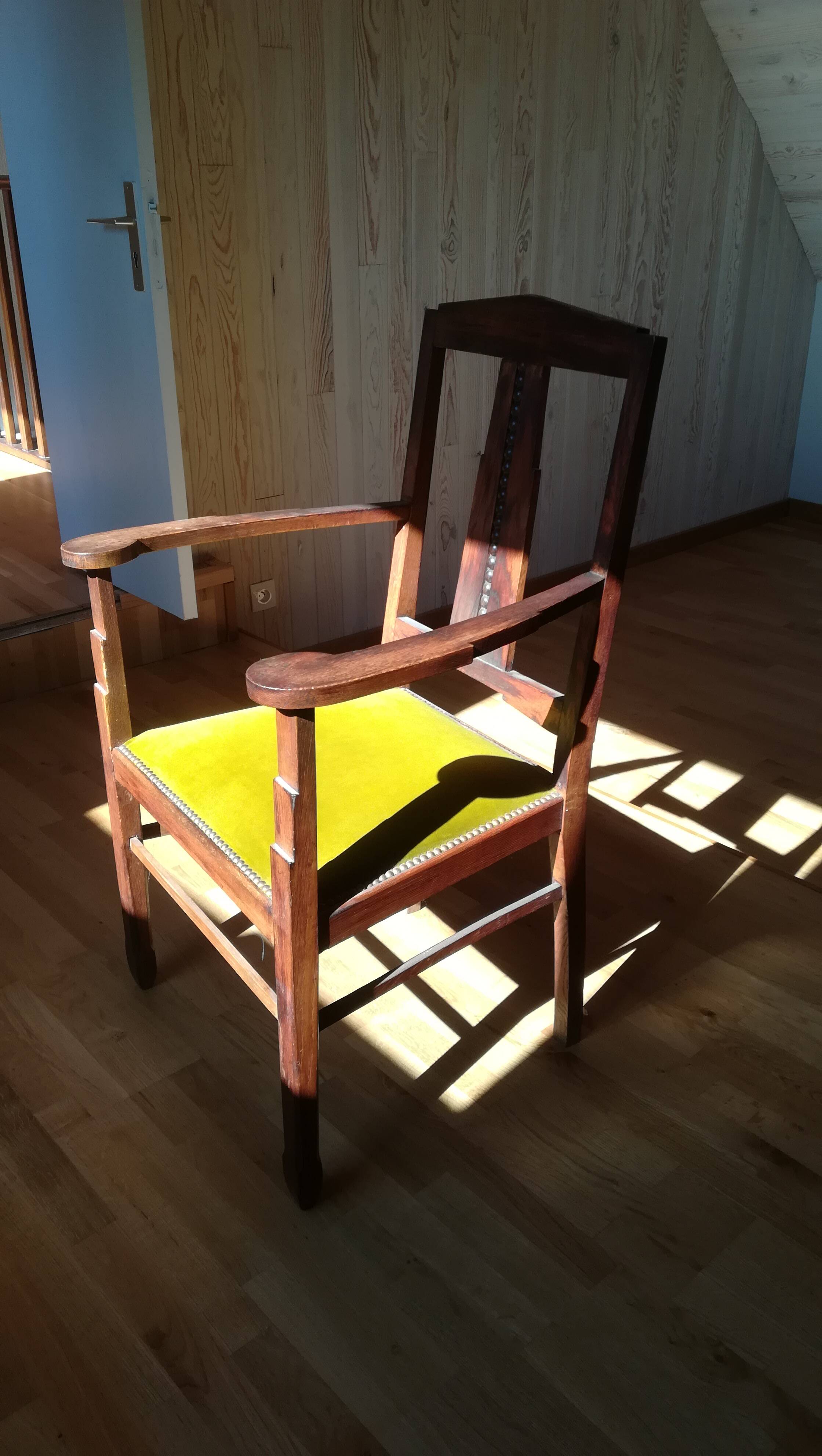 Oak and velvet armchair circa