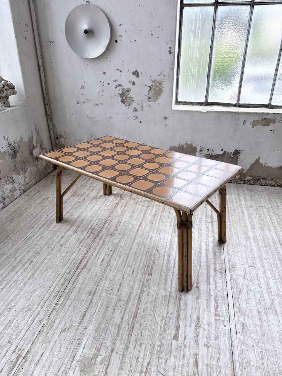 1950s rattan table with ceramic top