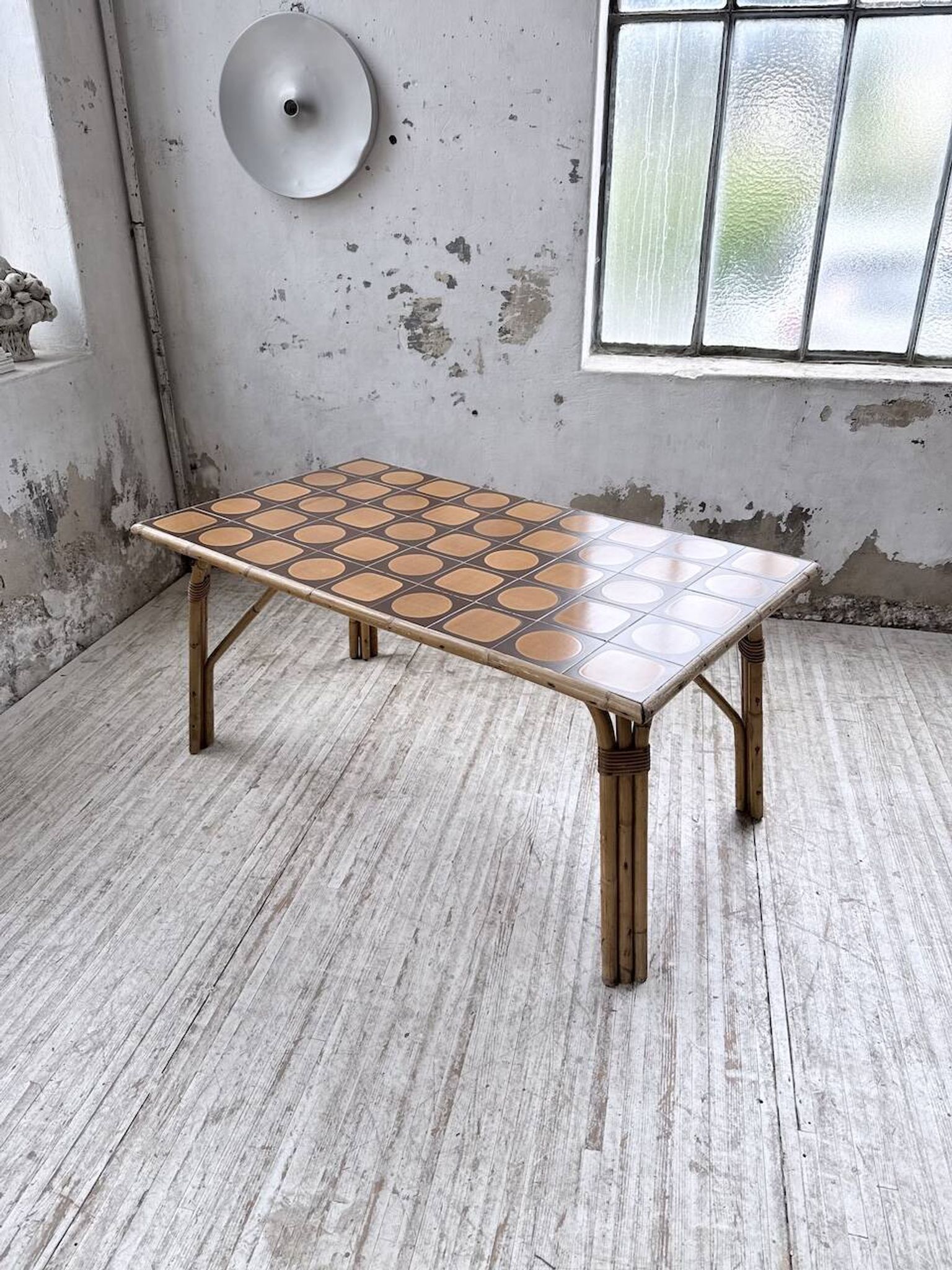 1950s rattan table with ceramic top
