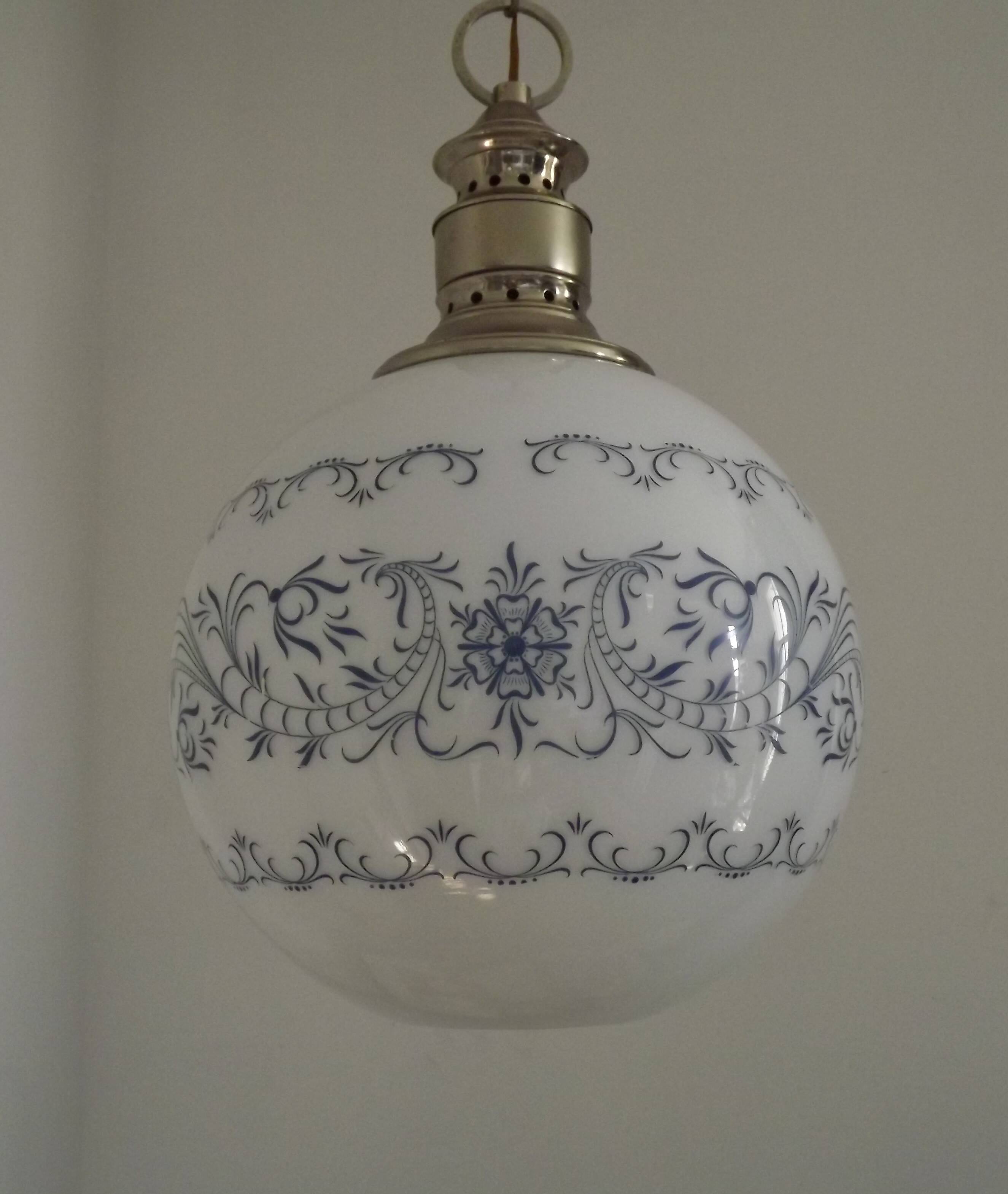 French Mid-Century Globe Pendant, Blue Pattern Shade, Vintage Hanging Light