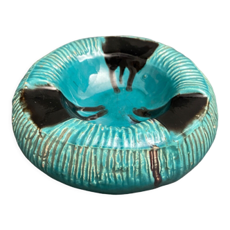 Cendrier en céramique XXe à décor d'animaux sur fond bleu