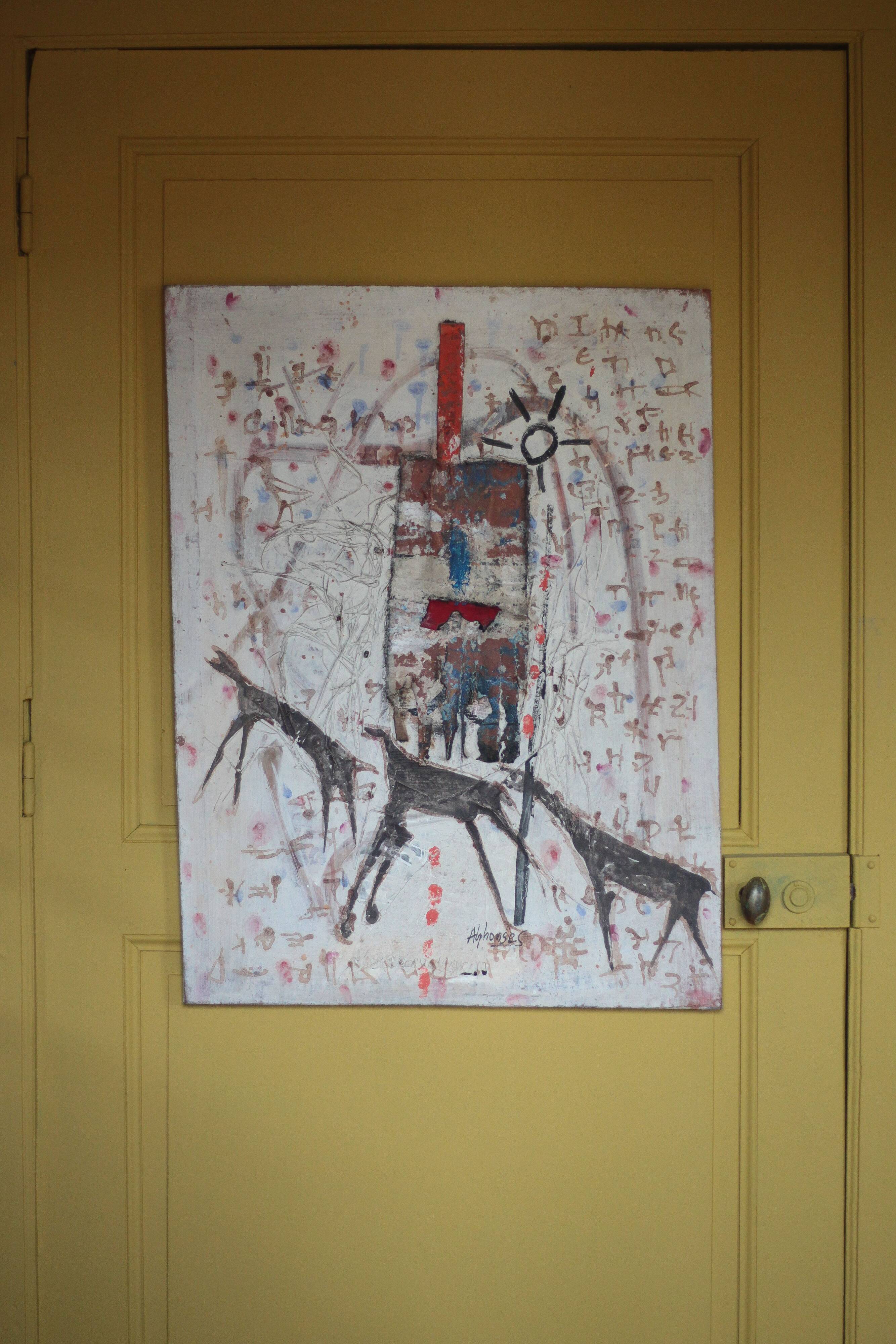 Signed table by Alphonse Sallah, The wolves have entered the city, technique