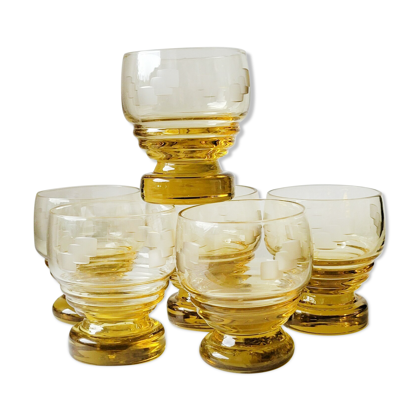 6 old art deco yellow cut glass liqueur glasses