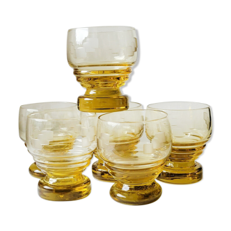 6 old art deco yellow cut glass liqueur glasses