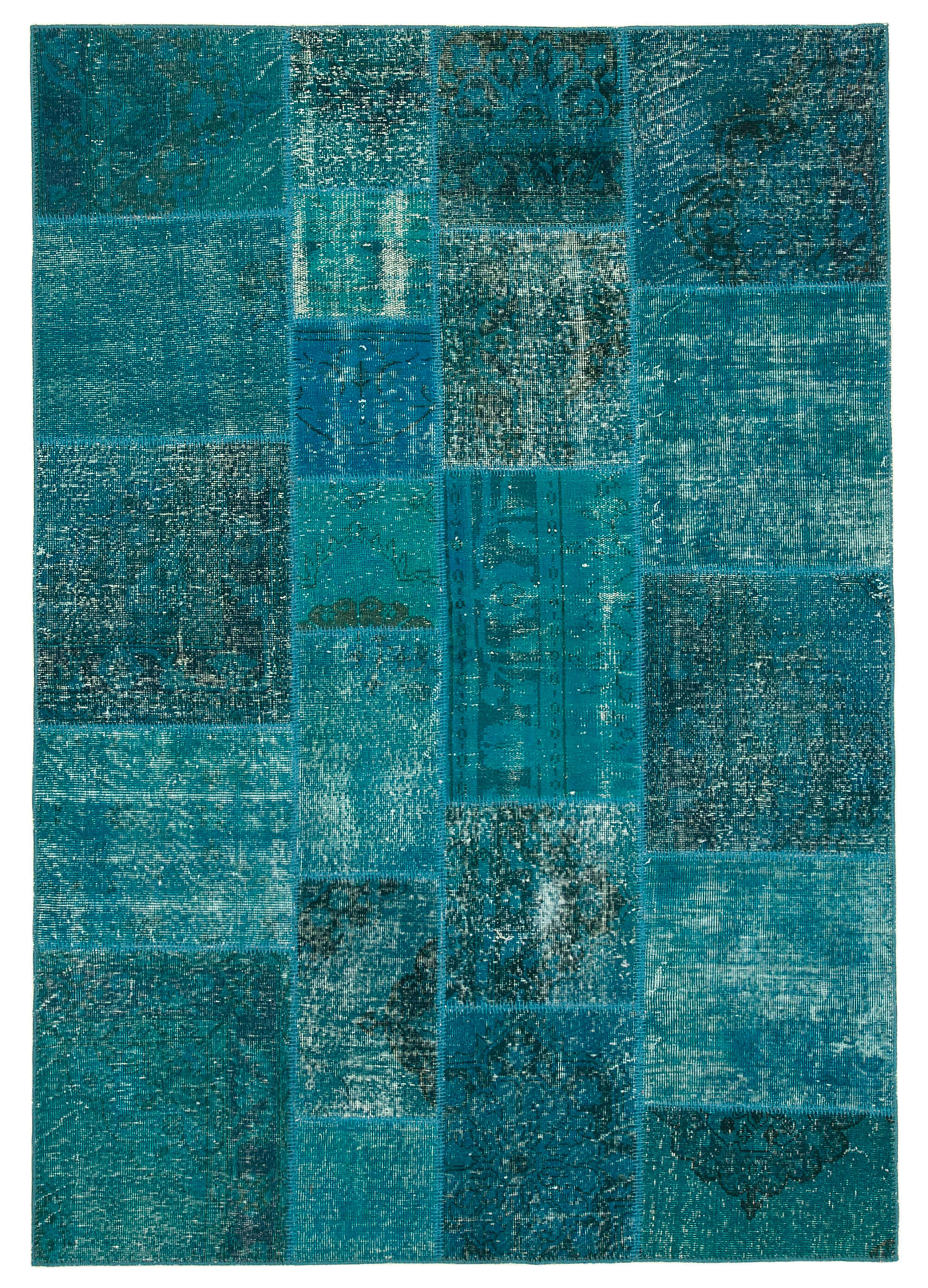 Hand-knotted oriental overdyed 169 cm x 243 cm turquoise patchwork carpet