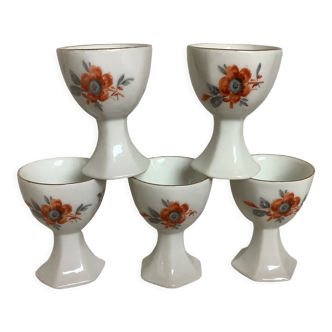 Cinq anciens coquetiers fleurs oranges et grises pied polygone