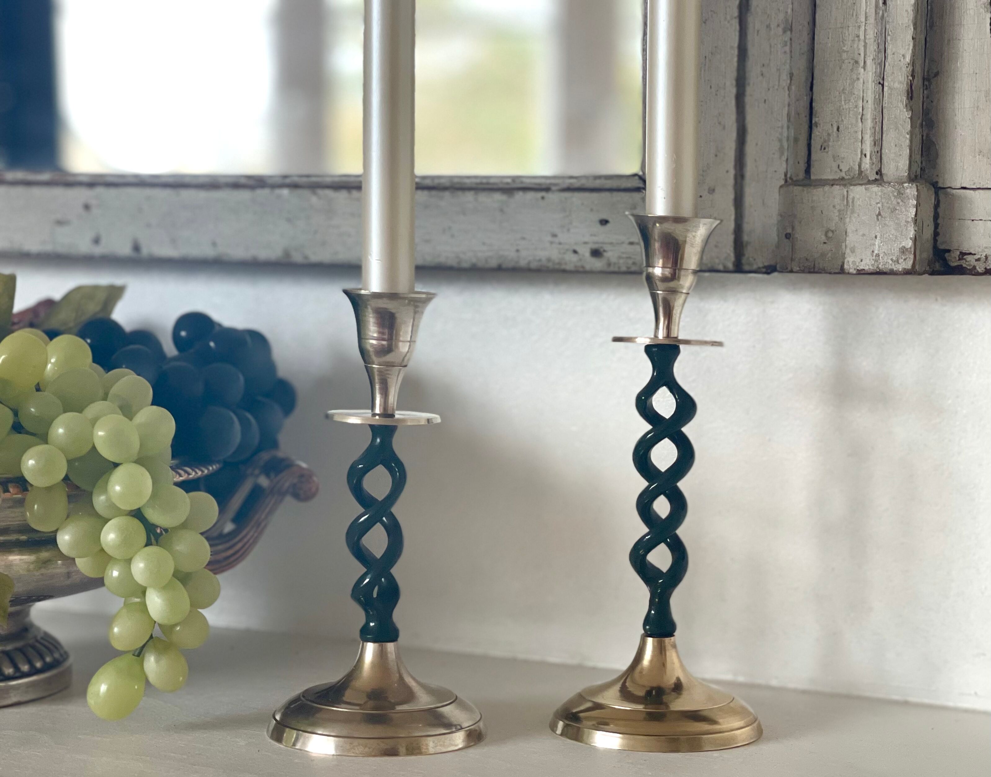 2 candle holders in brass and ceramic 1950