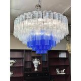 Large Transparent and Blue "Tronchi" Murano Glass Chandelier in Venini Styl
