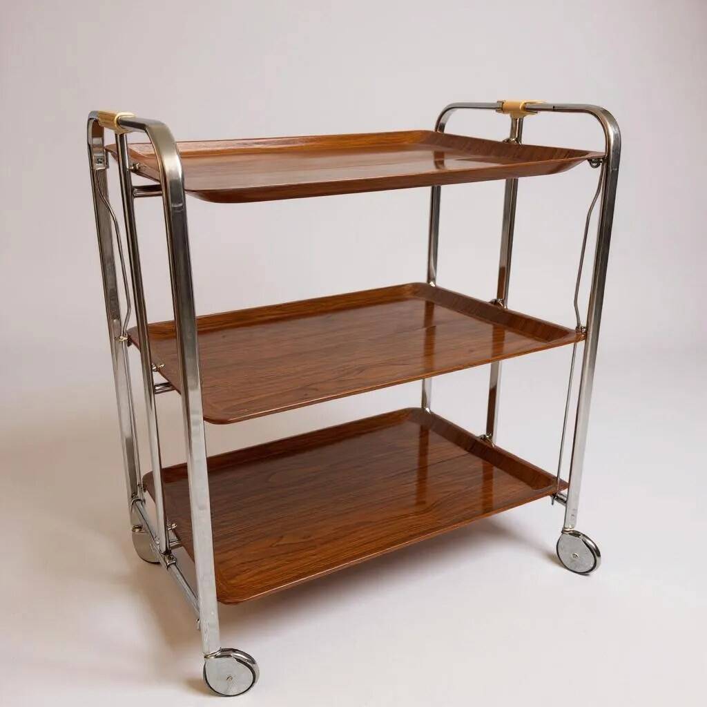 Bremshey Dinett Folding Trolley, Chrome & Teak, 1970s
