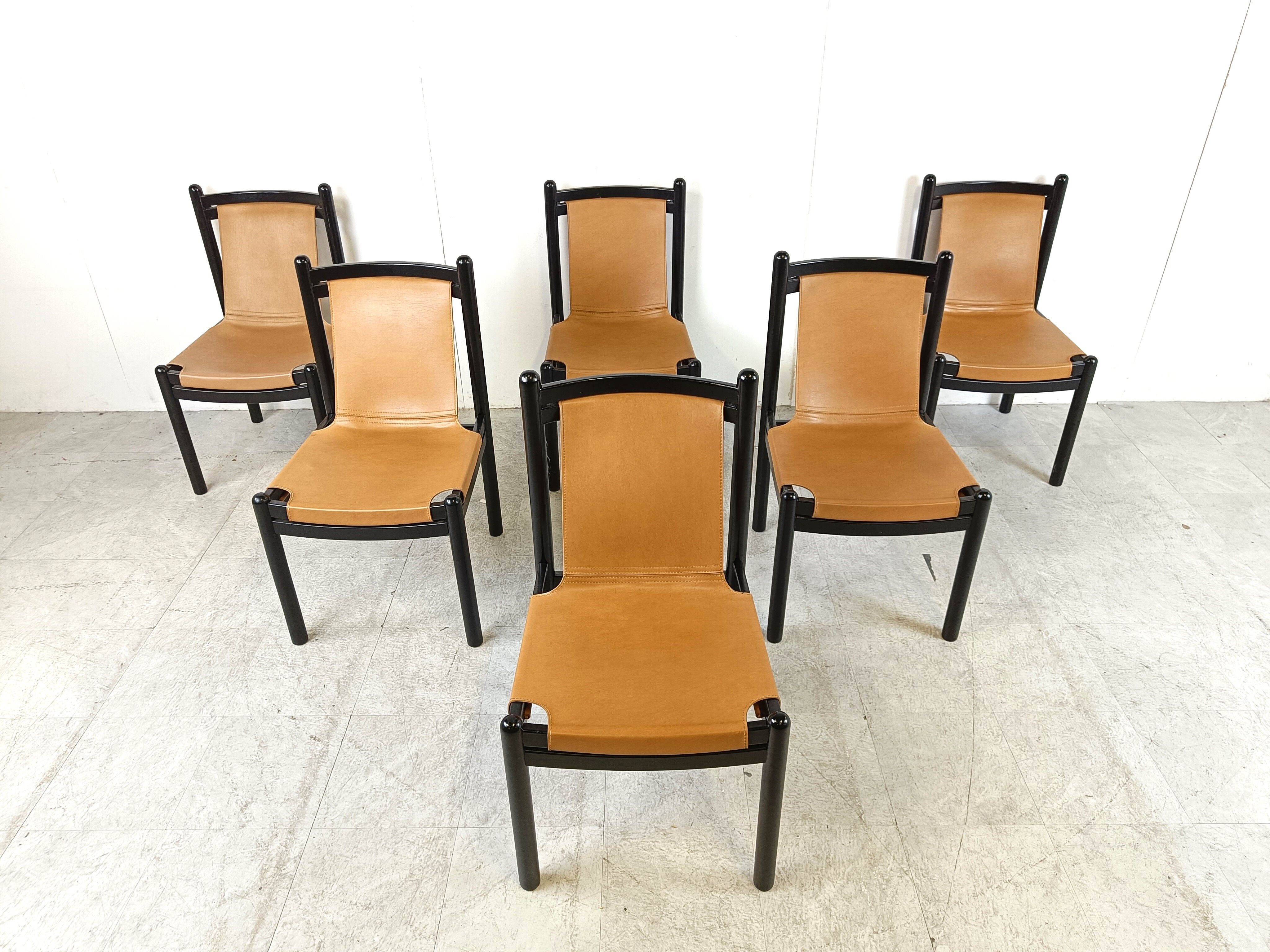 Vintage italian sling leather dining chairs, 1960s