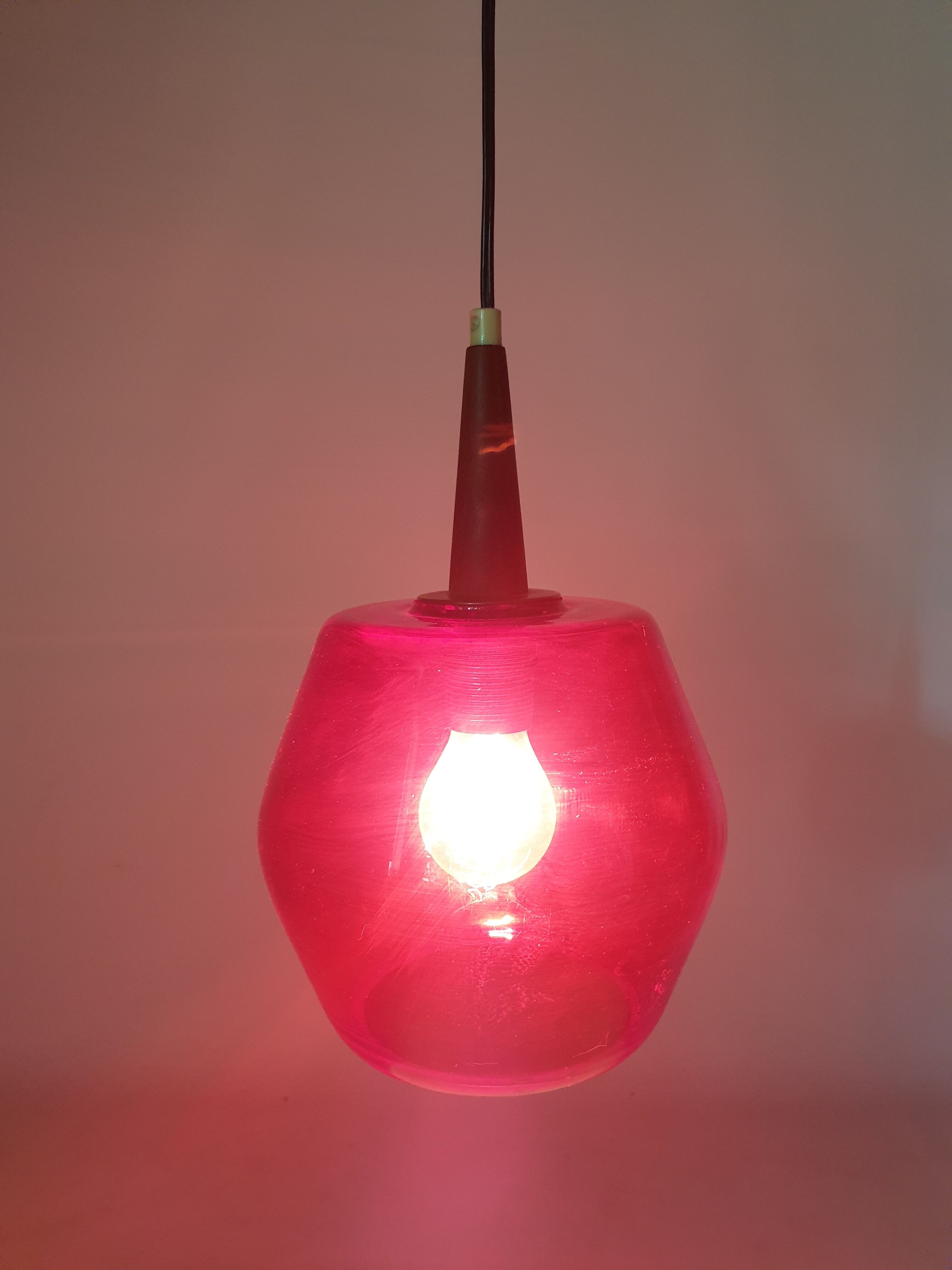 Mid century glass and teak pendant lamp, 1970s