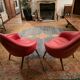 2 Hans Olsen armchairs, 1950s, red leather finish.