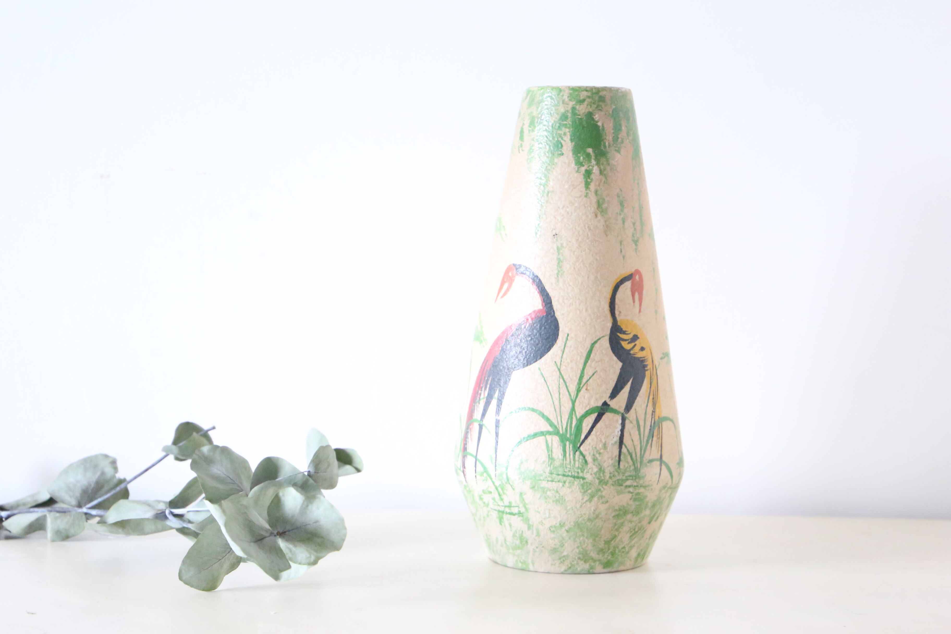 German ceramic vase foreign storks pattern, 1960