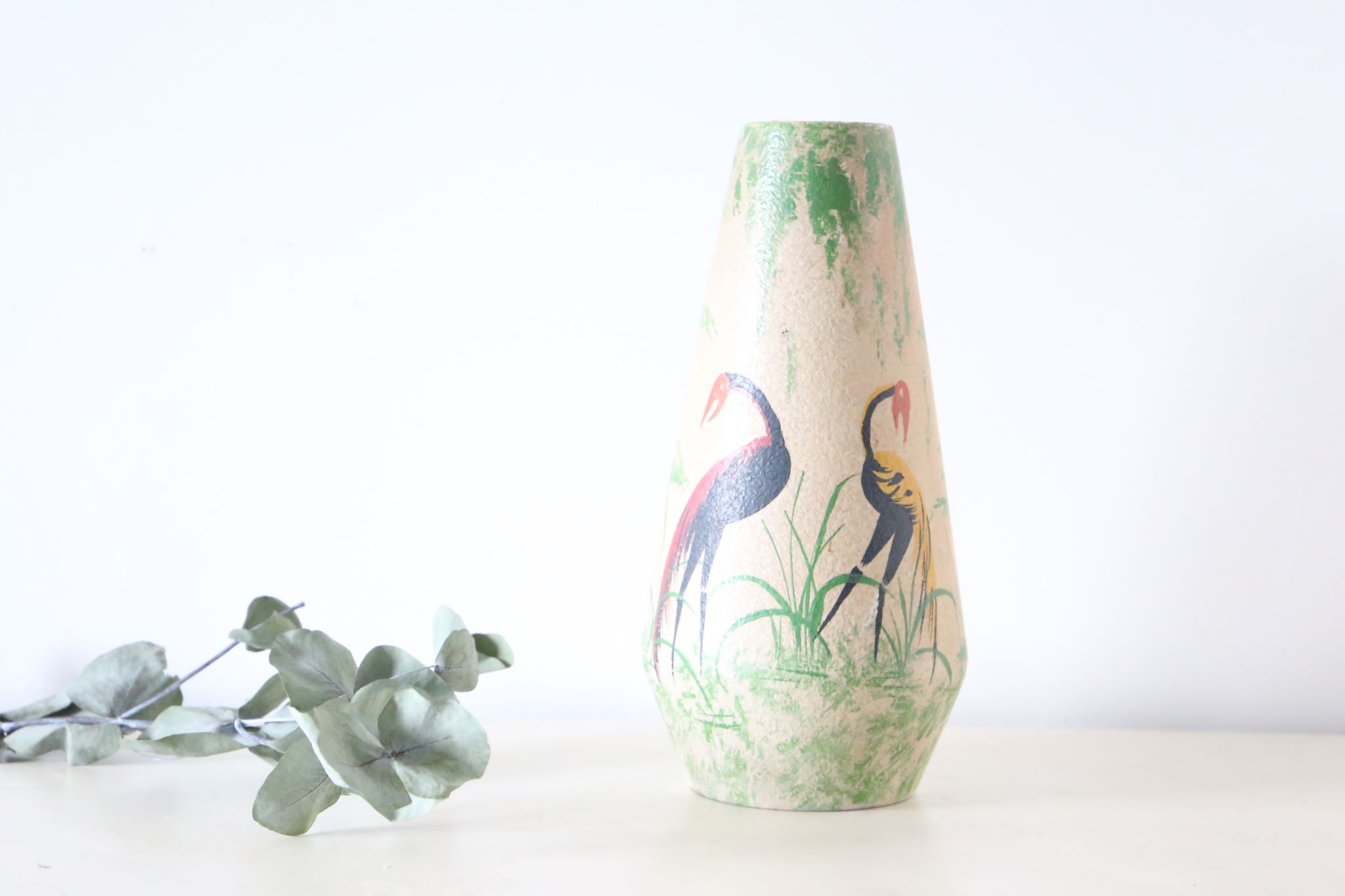 German ceramic vase foreign storks pattern, 1960