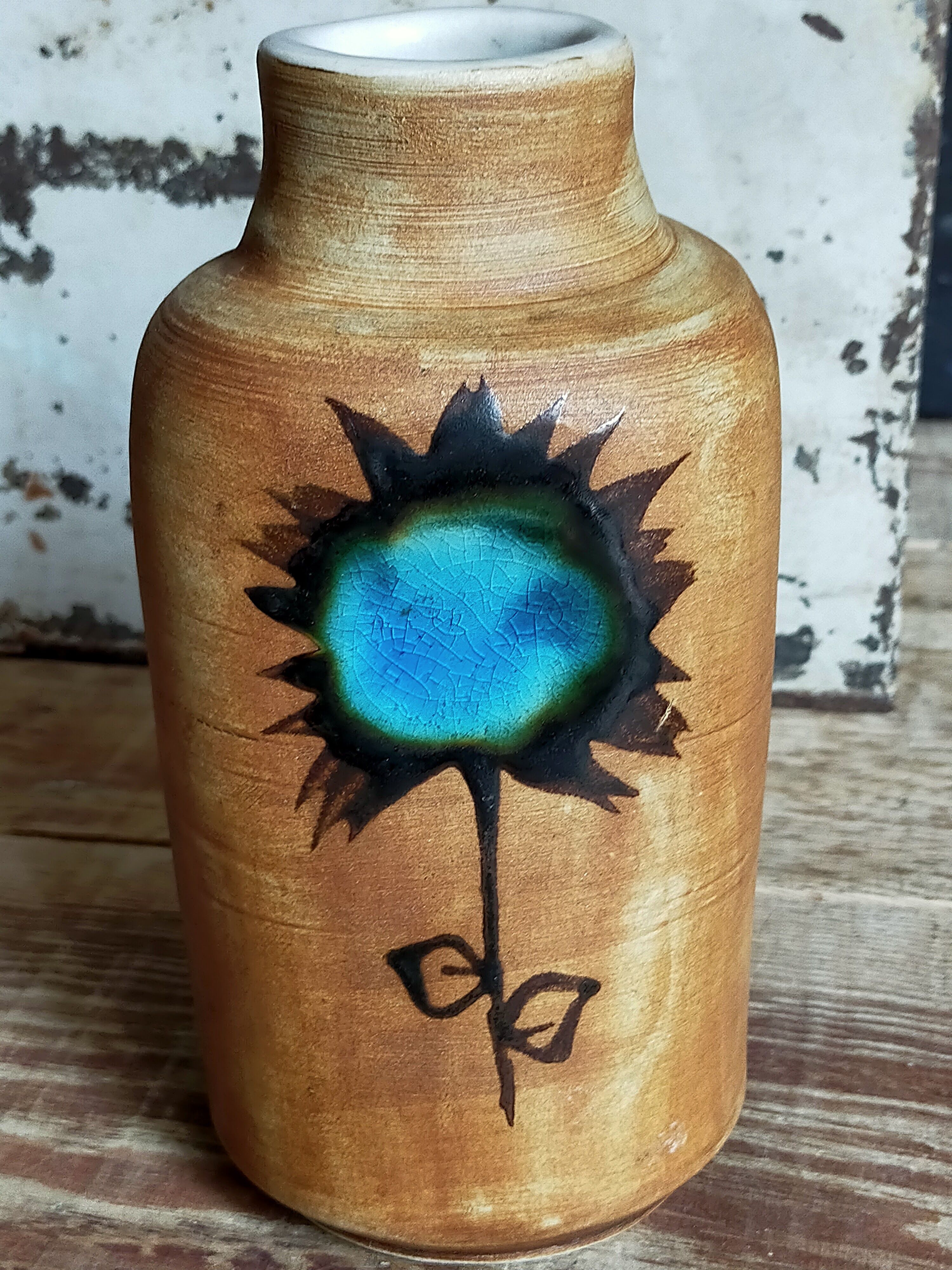 Ceramic vase "Poterie du Colombier" vintage blue sun