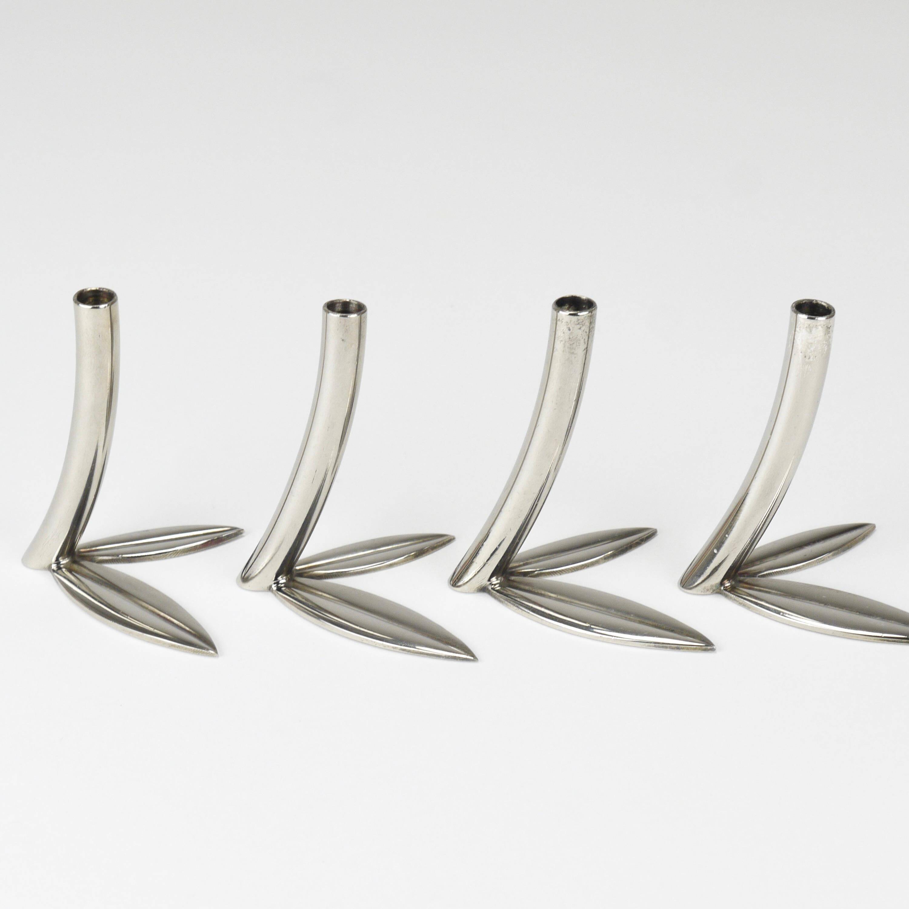 Werkstätte Hagenauer Up to 6 Soliflore Vases Leaf, Brass & Nickel, Vienna, 1960s