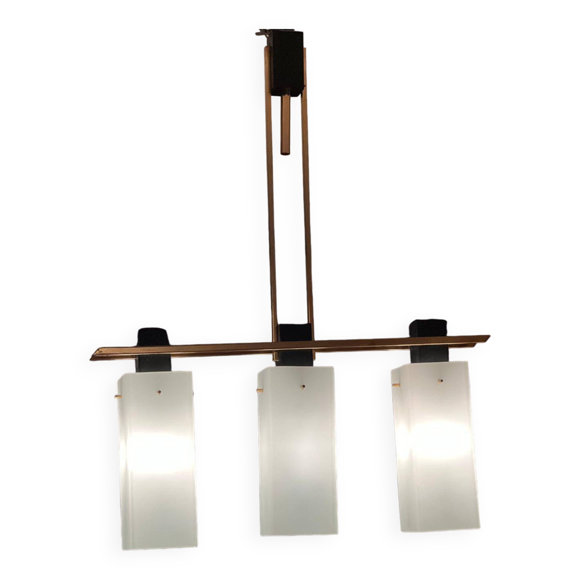 3-light ceiling light, in opaline and brass Maison Arlus 1950
