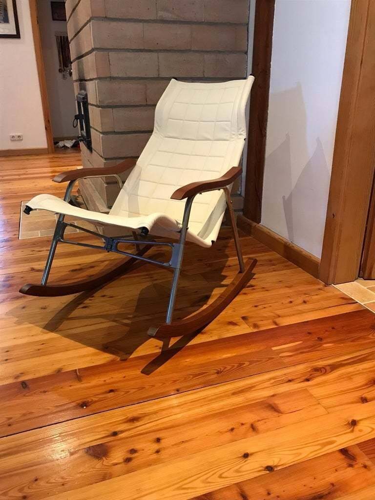 Mid-Century brown leather rocking chair, wood and silver steel by Takeshi Nii