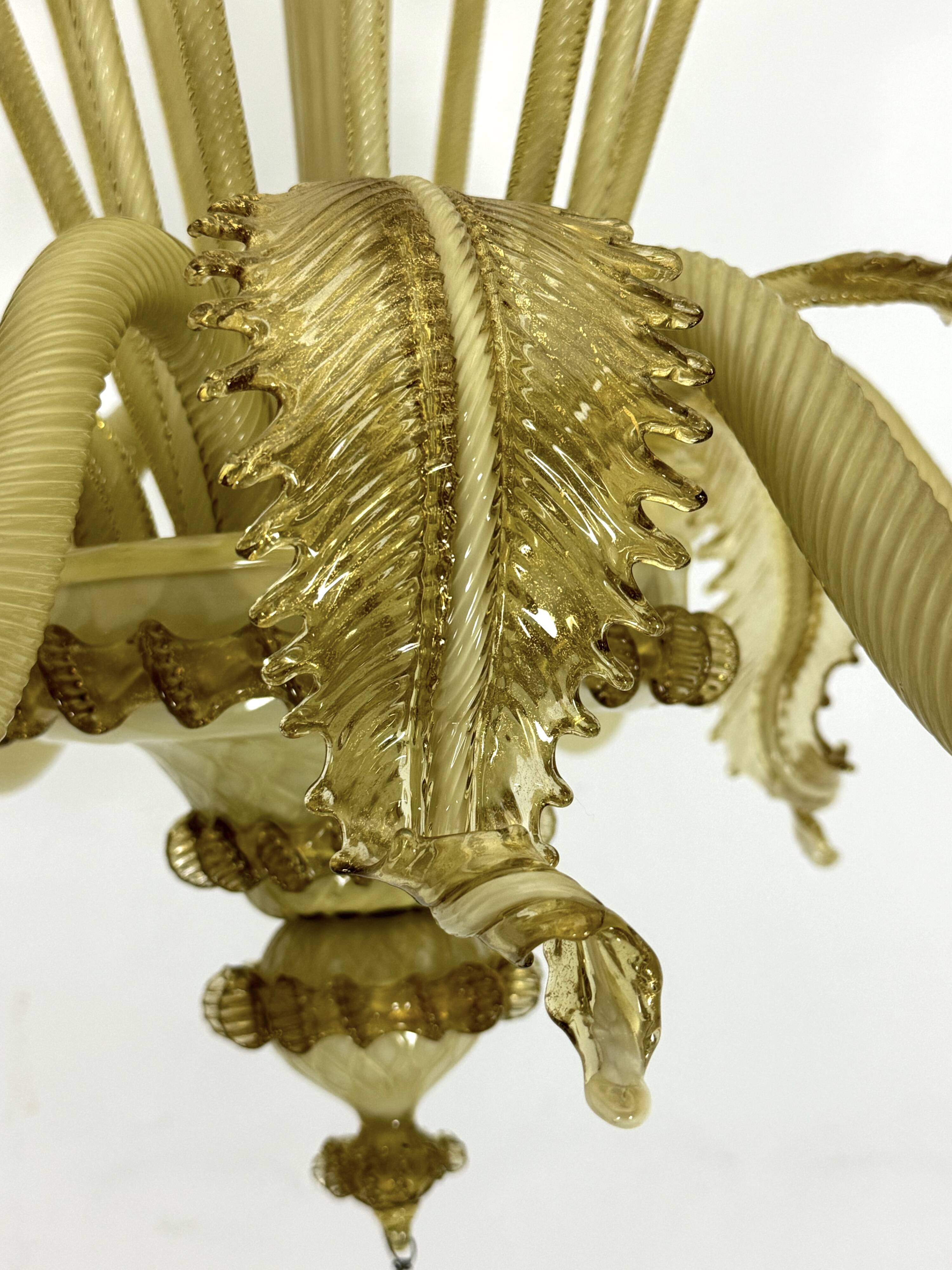 Vintage 6 arms handcrafted floral Murano glass chandelier with gold. Italy 1950s