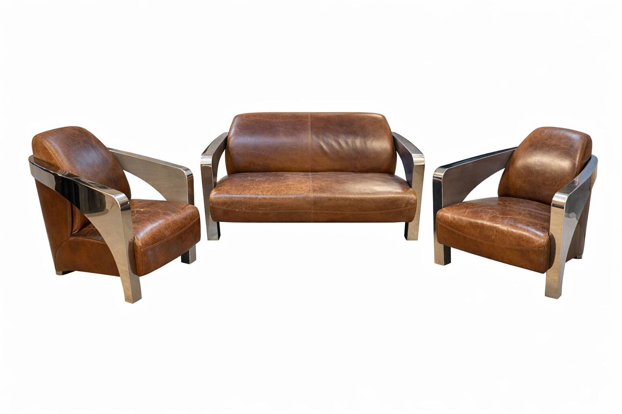 Lot de 3 éléments Stacyville, cuir et inox, 2 fauteuils et un sofa