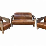 Set of 3 Stacyville items, leather and stainless steel, 2 armchairs and a sofa.