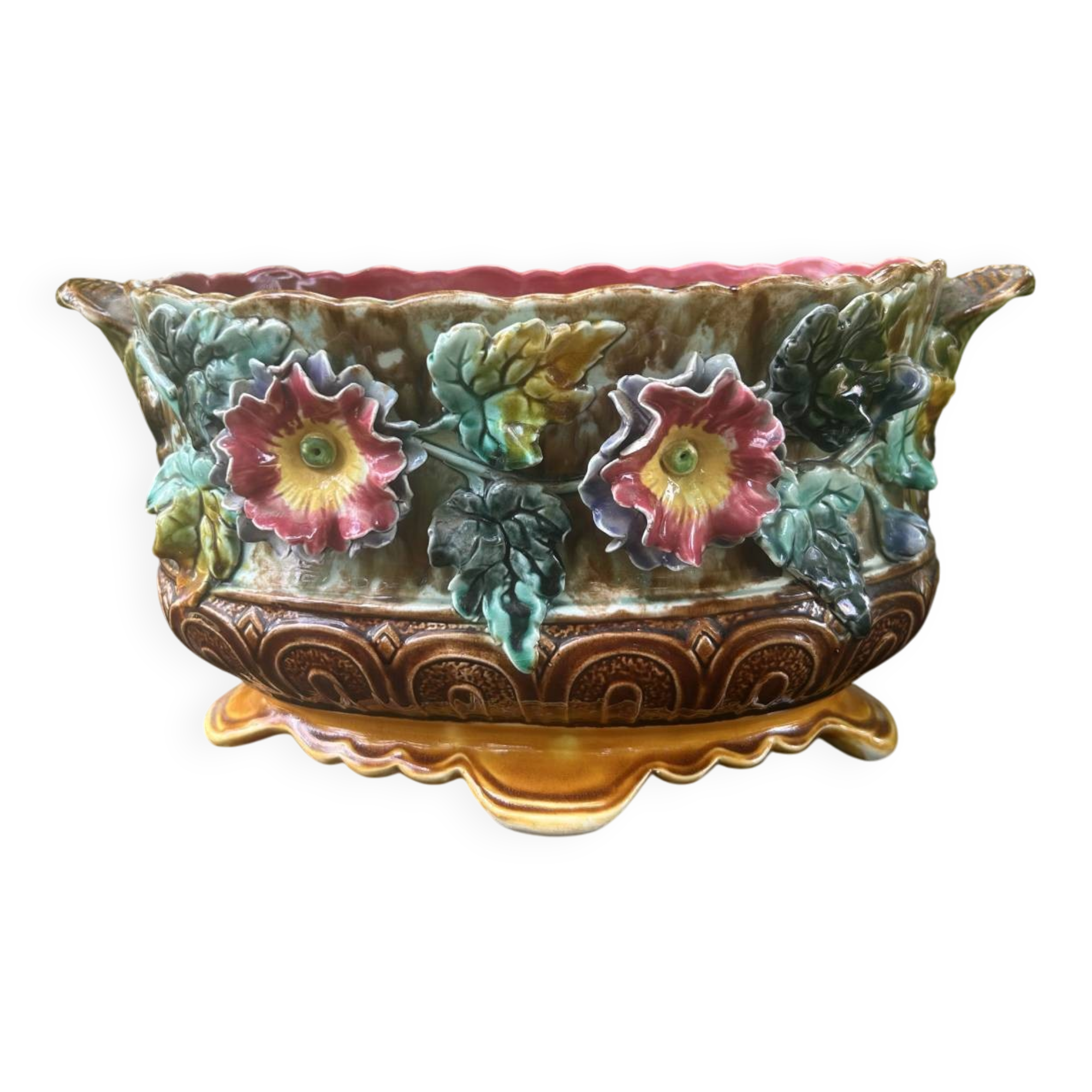 Antique jardinière in barbotine attributed to Onnaing with a floral motif.