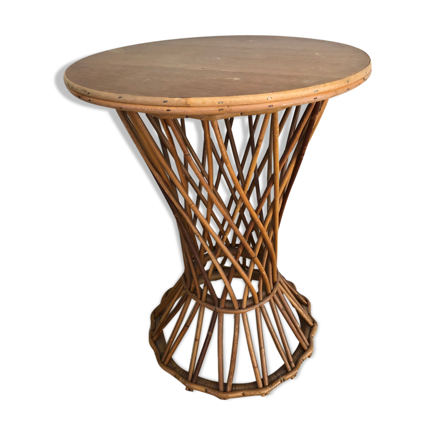 Vintage wooden and rattan side table