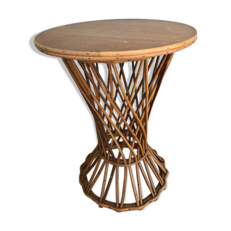 Vintage wooden and rattan side table