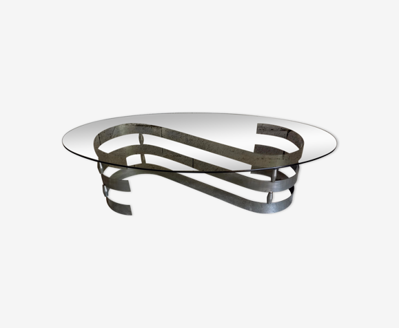 Vintage coffee table in smoked glass and chrome metal 70s