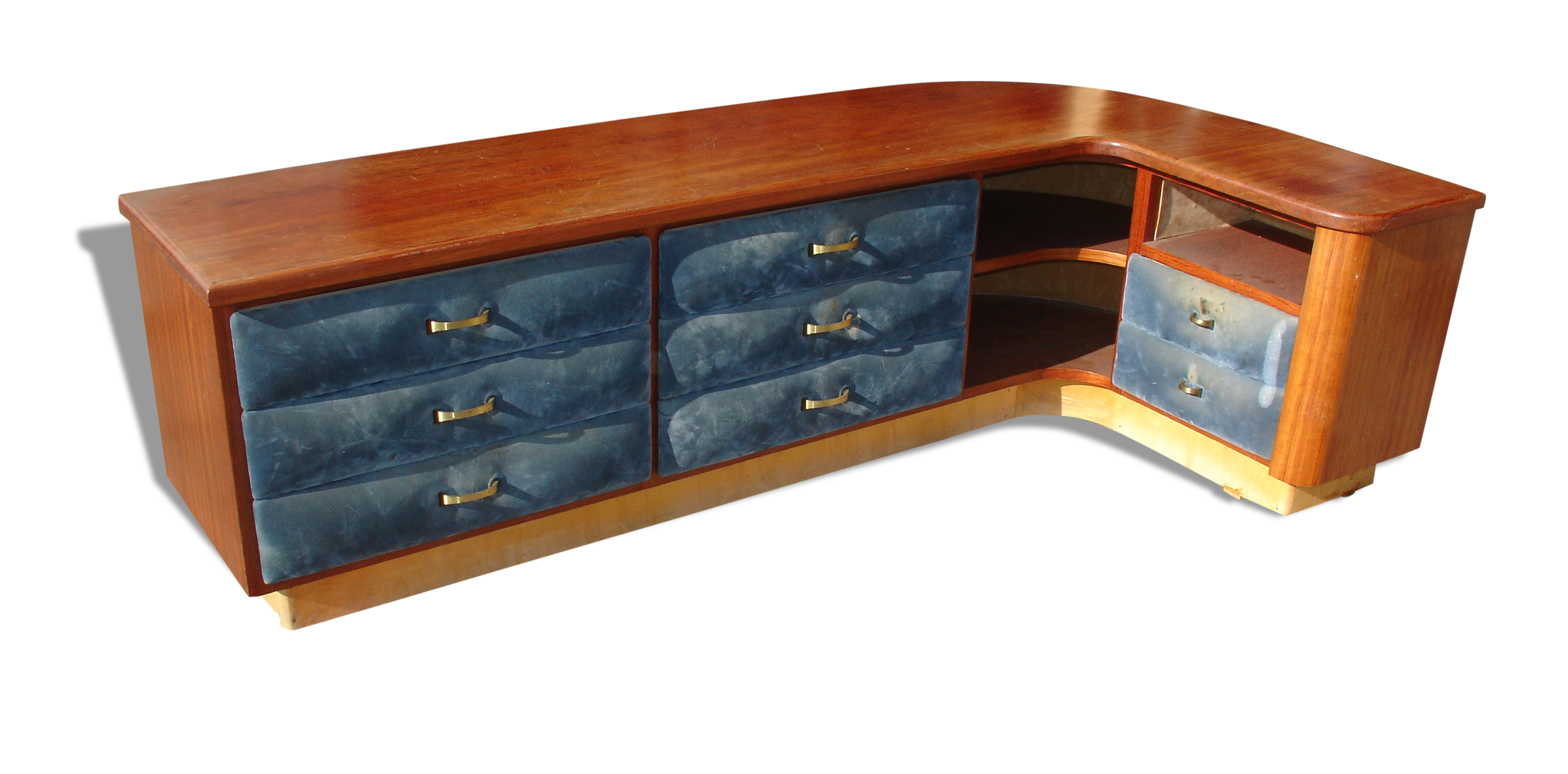 Meuble bas en angle en Pao Rosa Massif 8 Tiroirs Alcantara Bleu