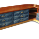 Corner base cabinet in solid Pao Rosa wood with 8 drawers and blue Alcantara lining