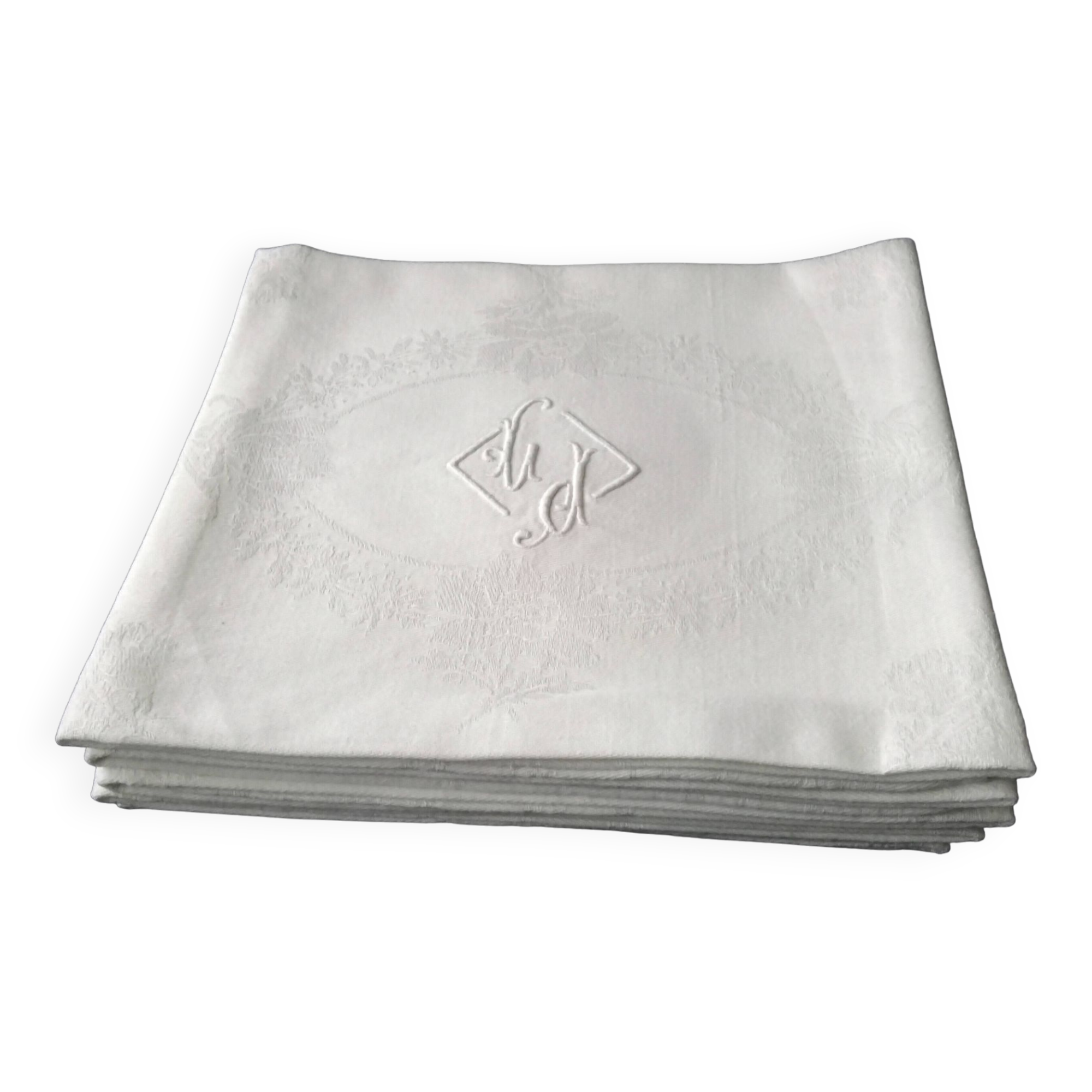 6 grandes serviettes de table anciennes en coton damassé et monogrammées