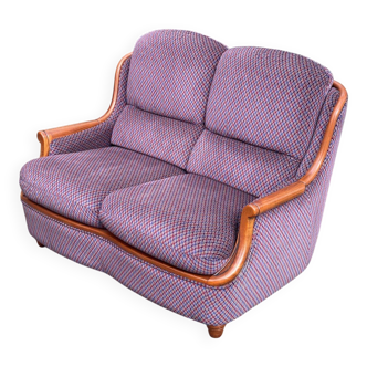 Two-seater canapé in solid wood and burgundy violet velvet, Louis Philippe style.