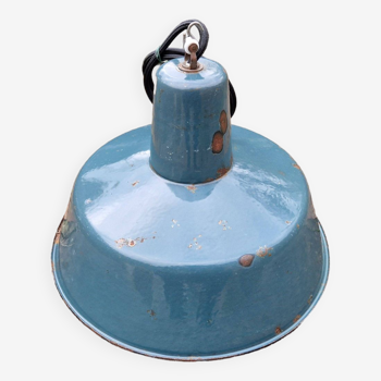 Suspension industrielle en tôle émaillée bleue, Pologne, années 1950-60